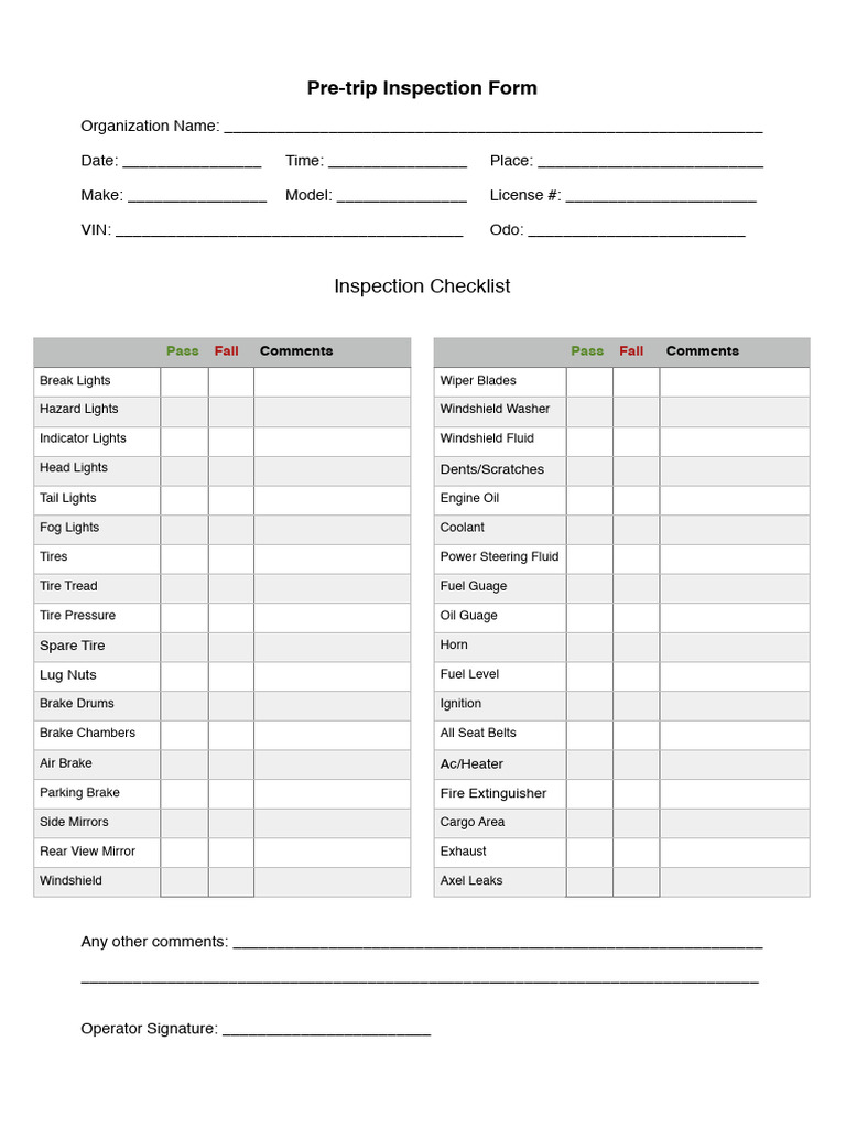 Pre-trip Inspection Checklist Form | PDF