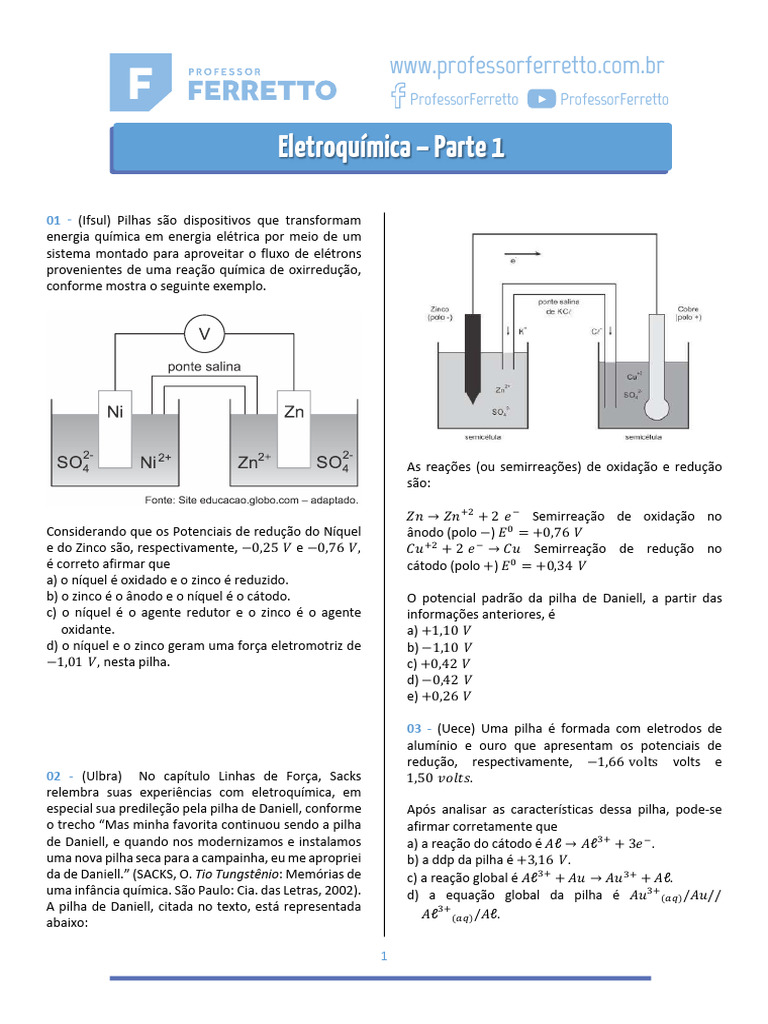 15 Questões Eletroquímica - Parte 1 | PDF