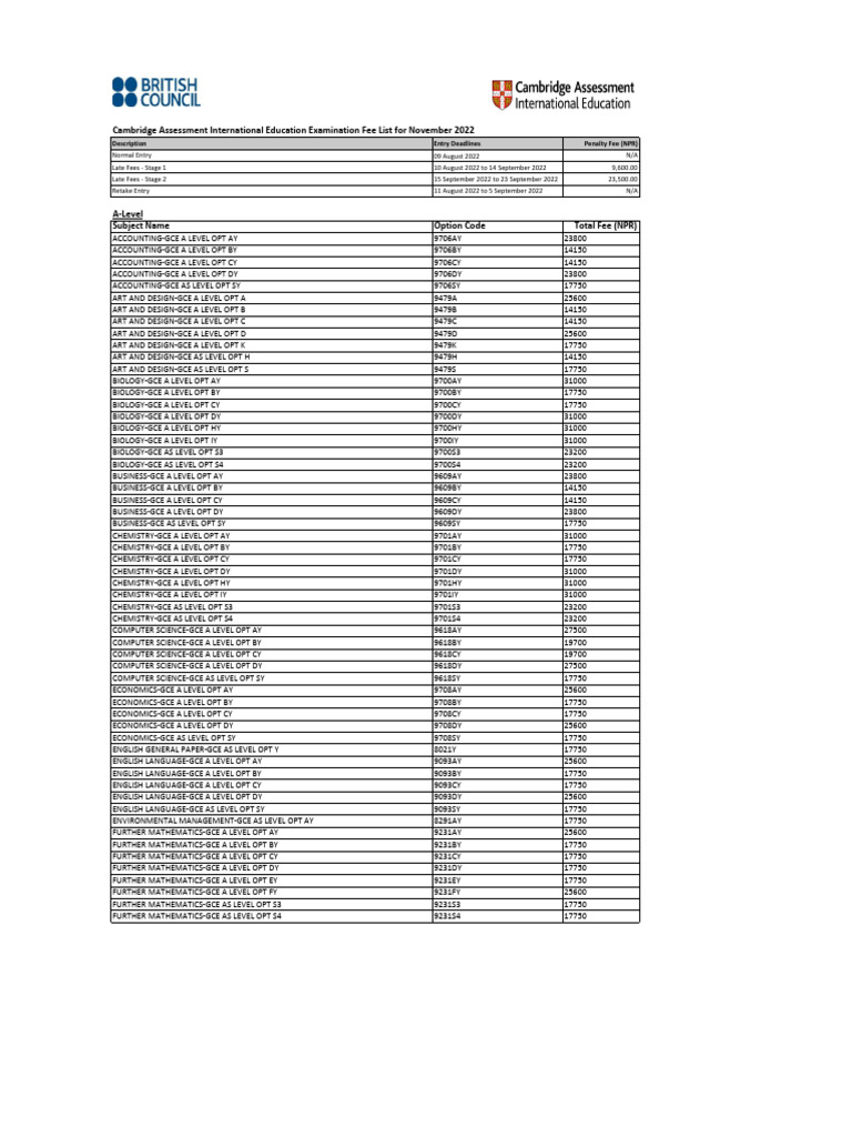 Caie november 2022 exam fee final pdf educational institutions