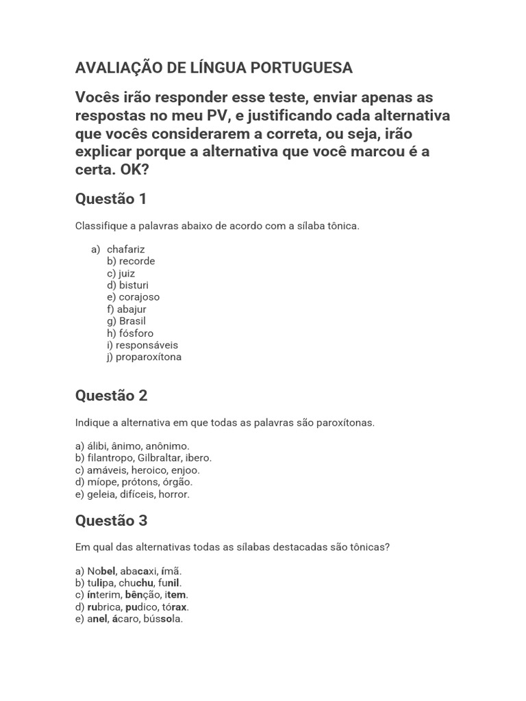 Avaliação de Língua Portuguesa | PDF