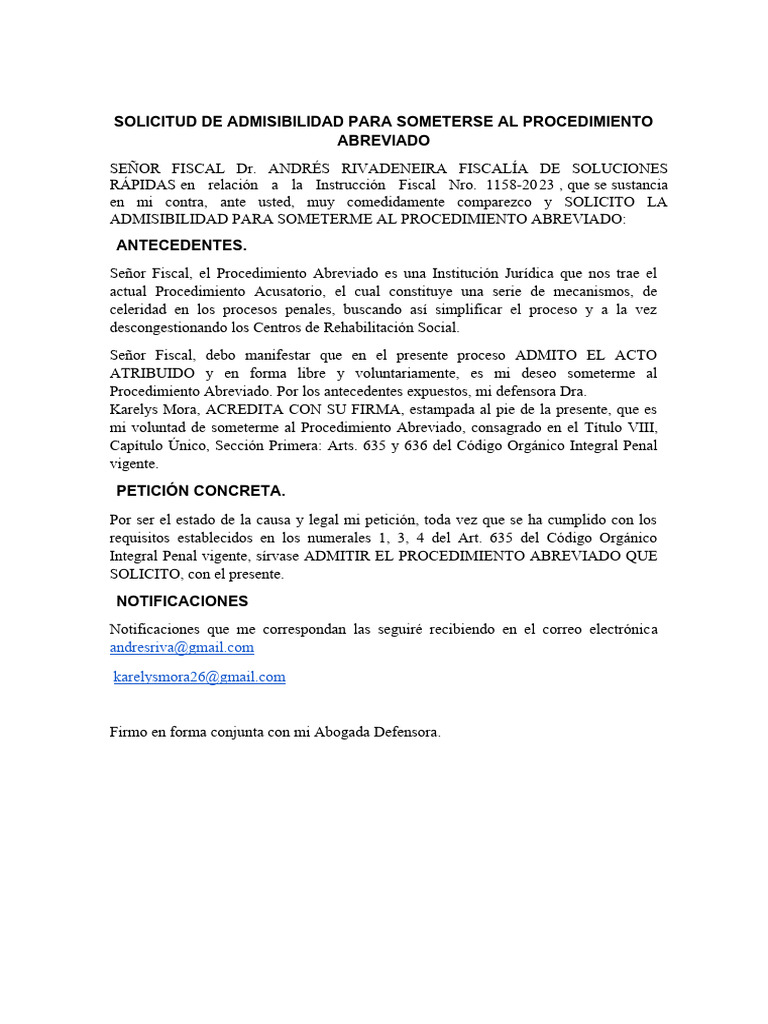 Solicitud de Admisibilidad para Someterse Al Procedimiento Abreviado | PDF