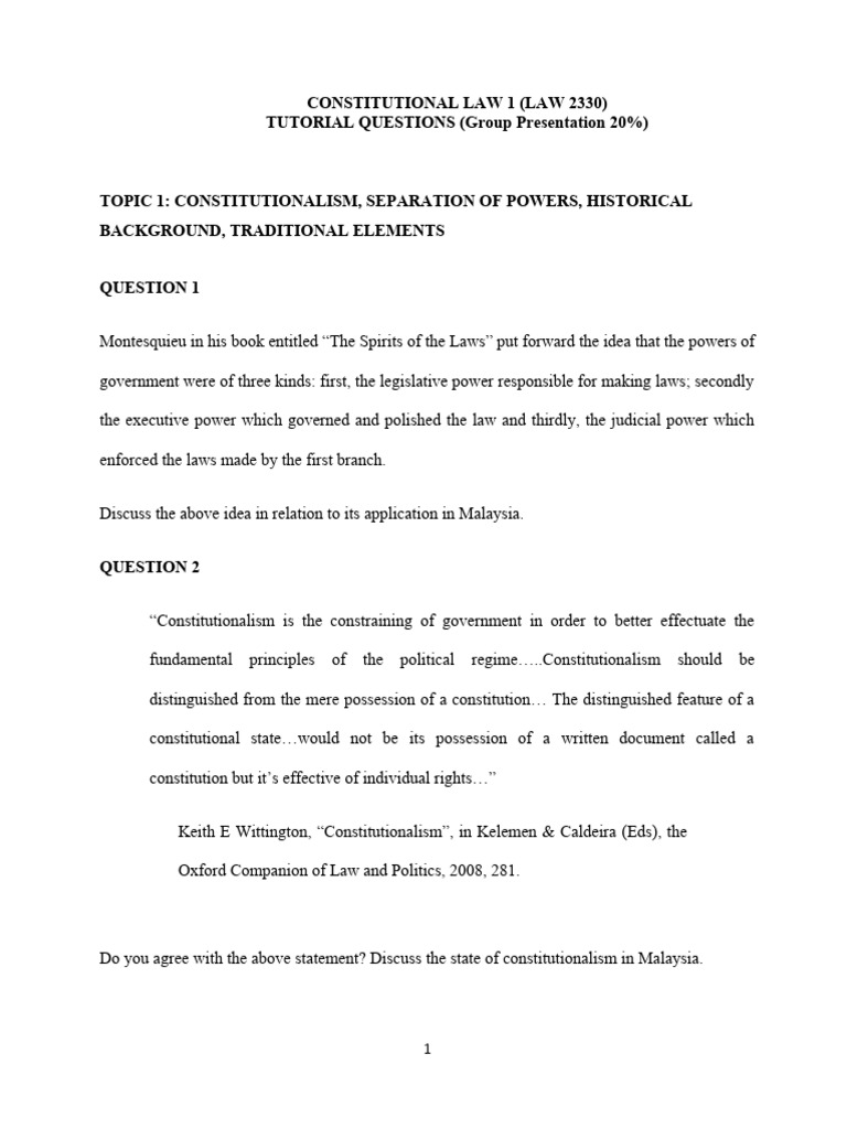 CONSTITUTIONAL LAW 1 TUTORIAL QUESTIONS PDF Public Law Political Law