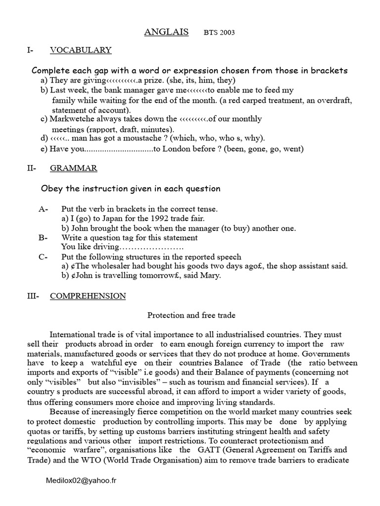 Anglais Bts 2003 Pdf