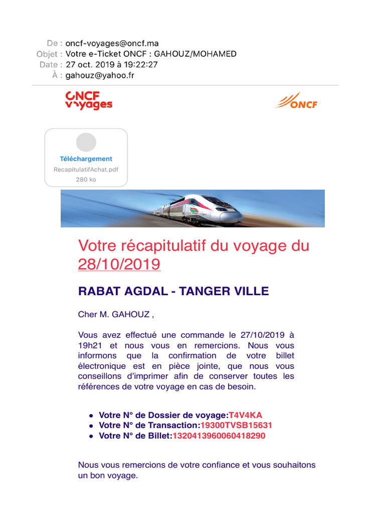 Votre E-Ticket Oncf Gahouzmohamed | PDF