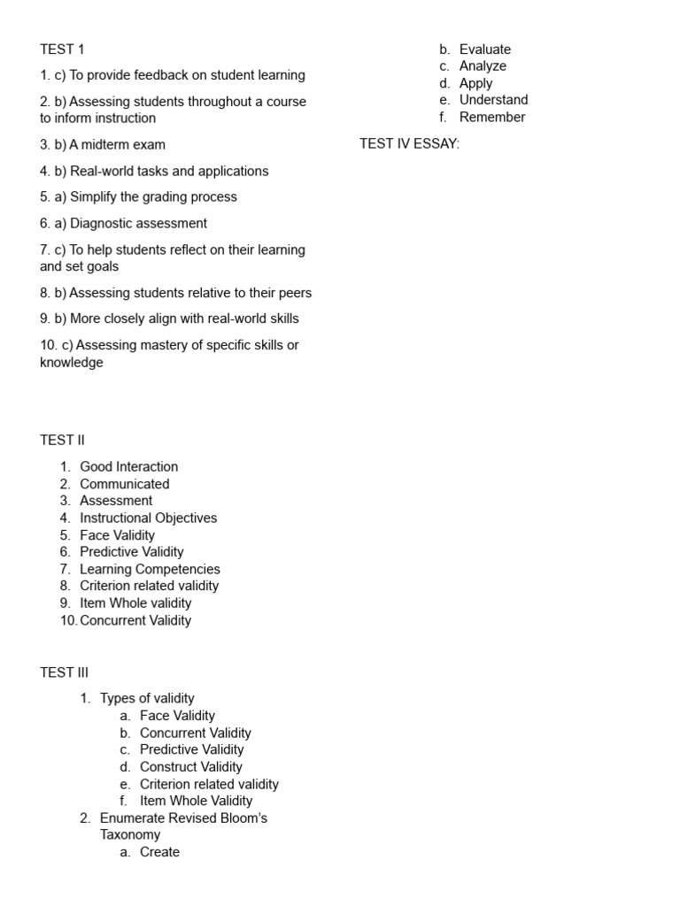 Examination Assestment in Learning Answer Key PDF