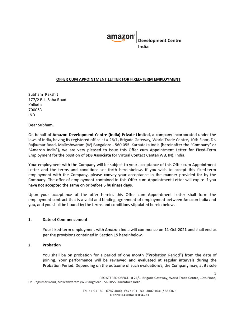 Amazon India Job Offer Letter | PDF | Business | Finance & Money Management