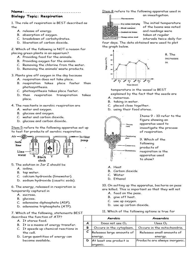 Respiration MCQ PDF Lung Cellular Respiration