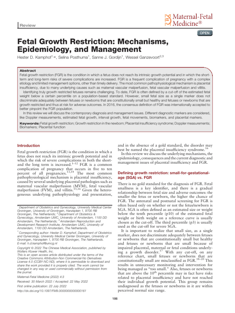 Fetal Growth Restriction. Mechanisms, Epidemiology, And Management ...