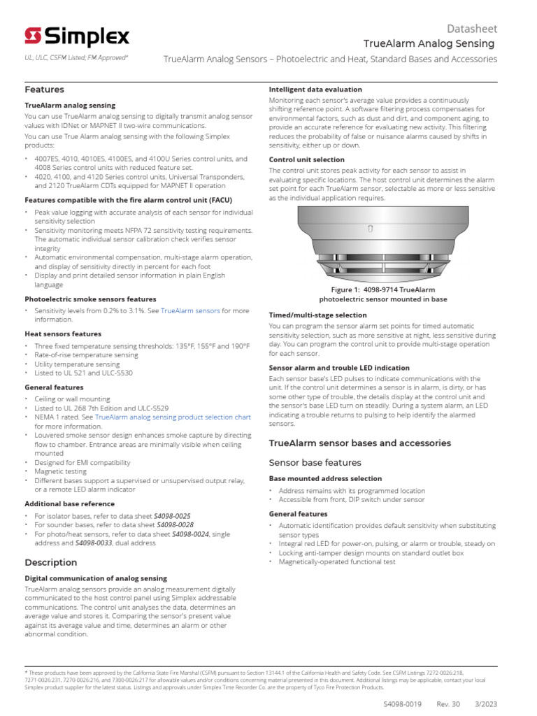 Truealarm Analog Sensors - Photoelectric and Heat, Standard Bases and ...