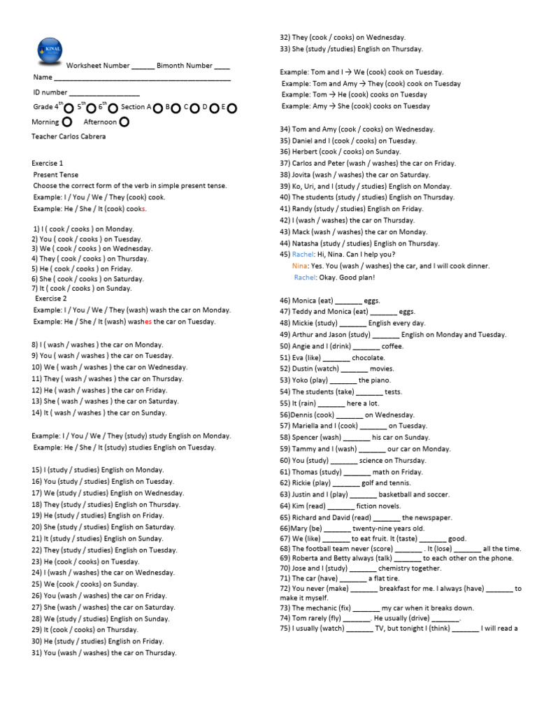 Simple Present Tense Worksheet | PDF