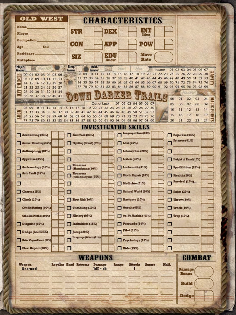 Call of Cthulhu - Character Sheet Down Darker Trails (Old West) | PDF