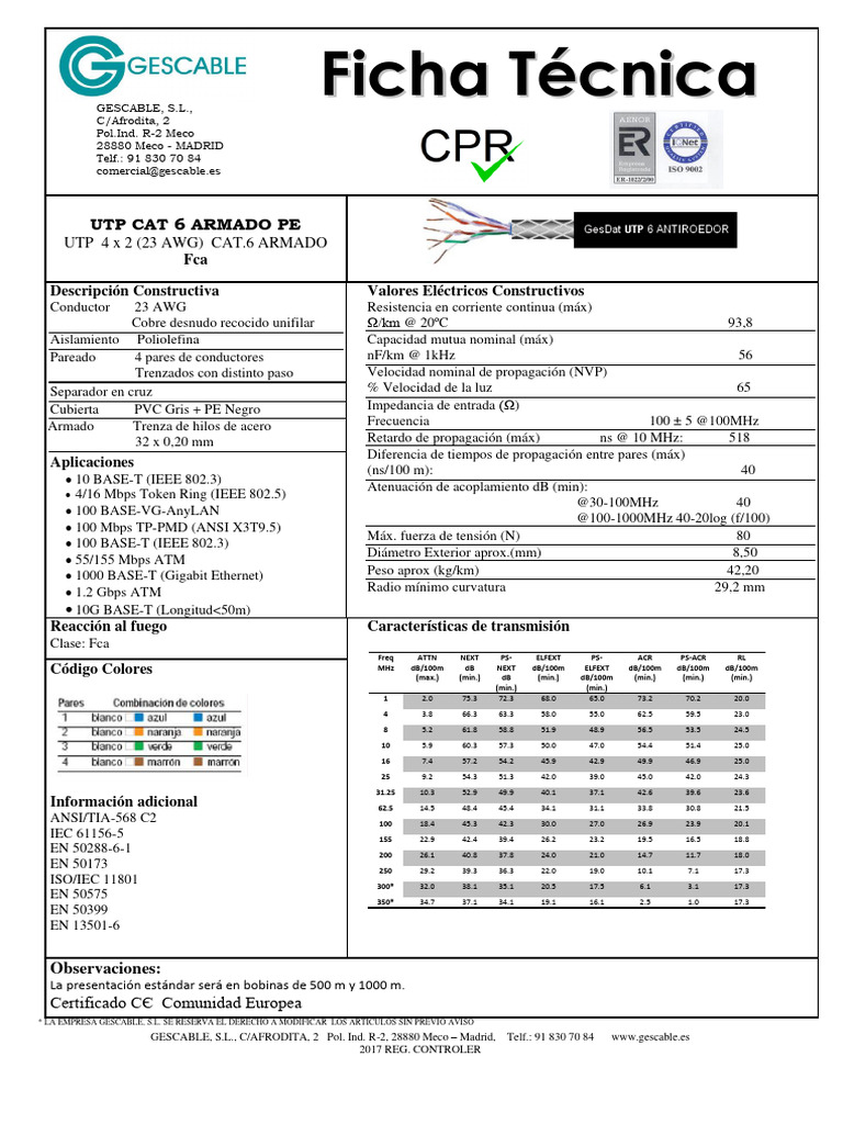 Ficha Técnica UTP 6 ARMADO PE CPR Clase Fca | PDF | Electromagnetismo ...