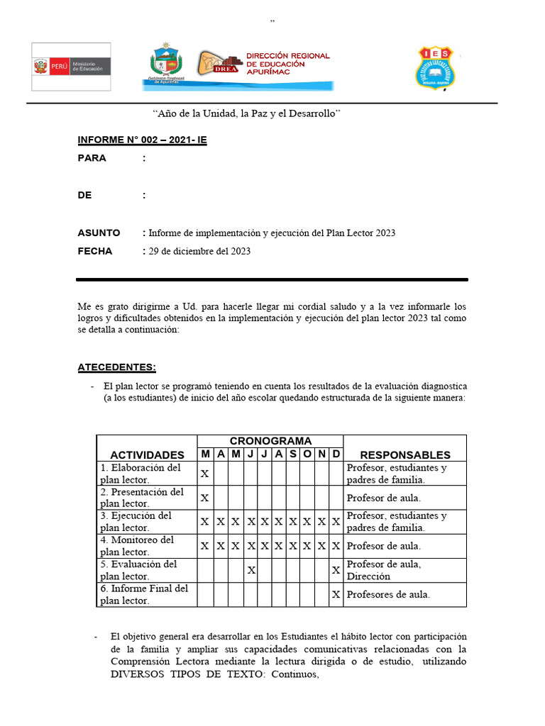Informe De Implementacion Y Ejecucion Del Plan Lector 2021 Pdf