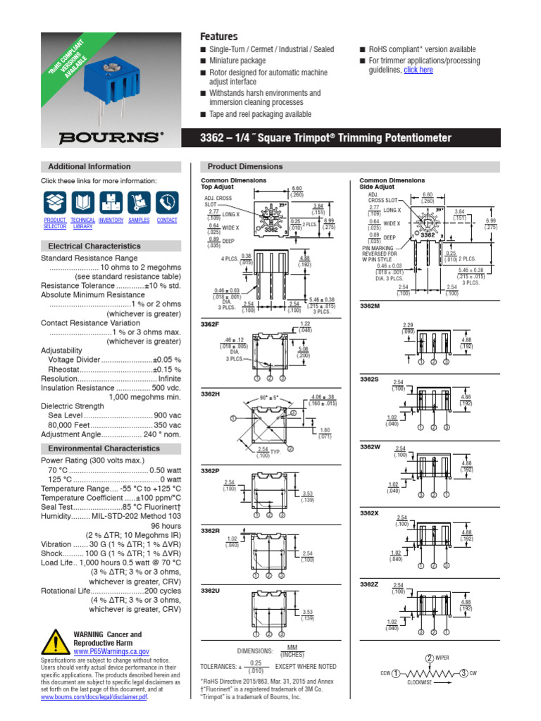 3362 - 1/4 Square Trimpot Trimming Potentiometer: Features | PDF