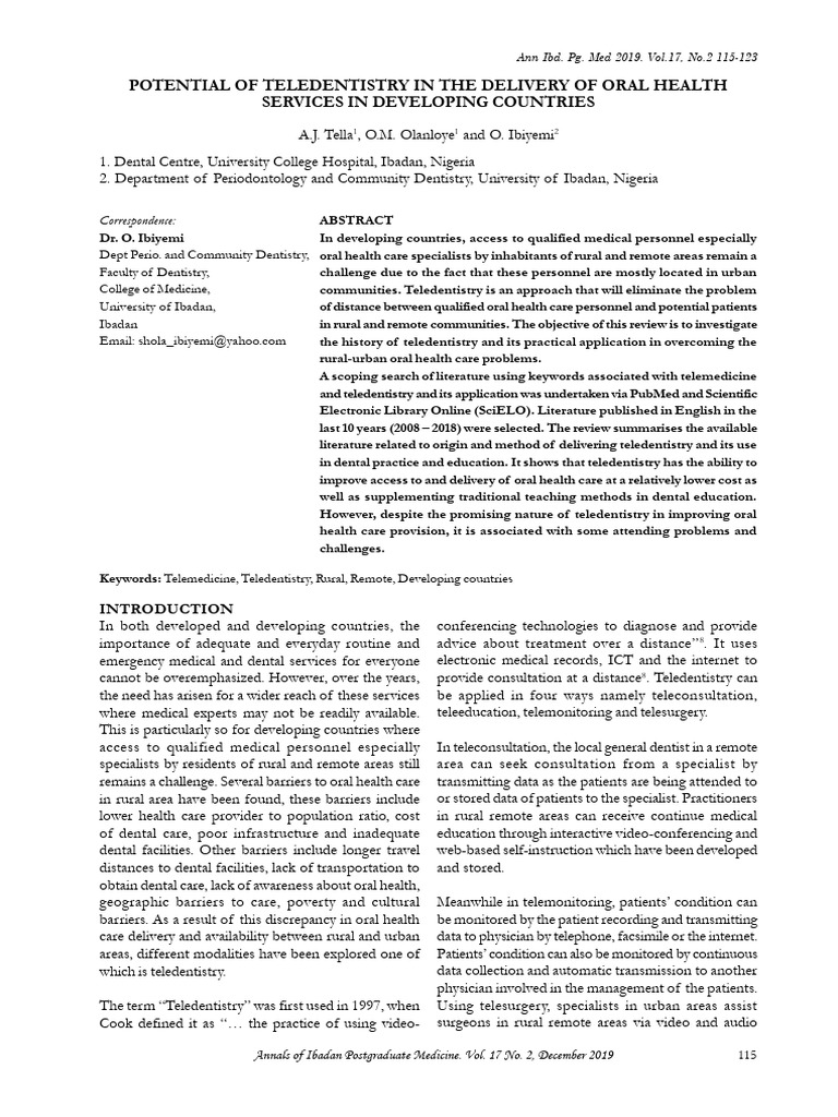 Potential of Teledentistry in The Delivery of Oral Health Services in ...