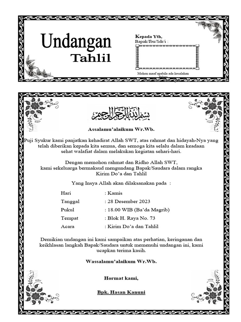 01 Contoh Undangan 7 Hari Format | PDF