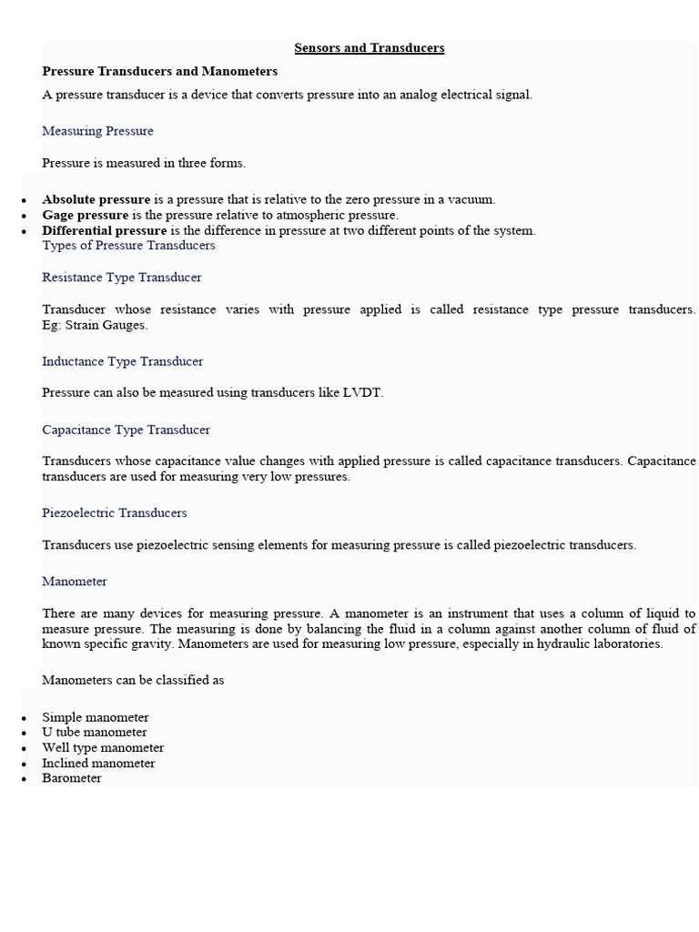 Overview of Pressure Transducers and Manometers | PDF | Science ...