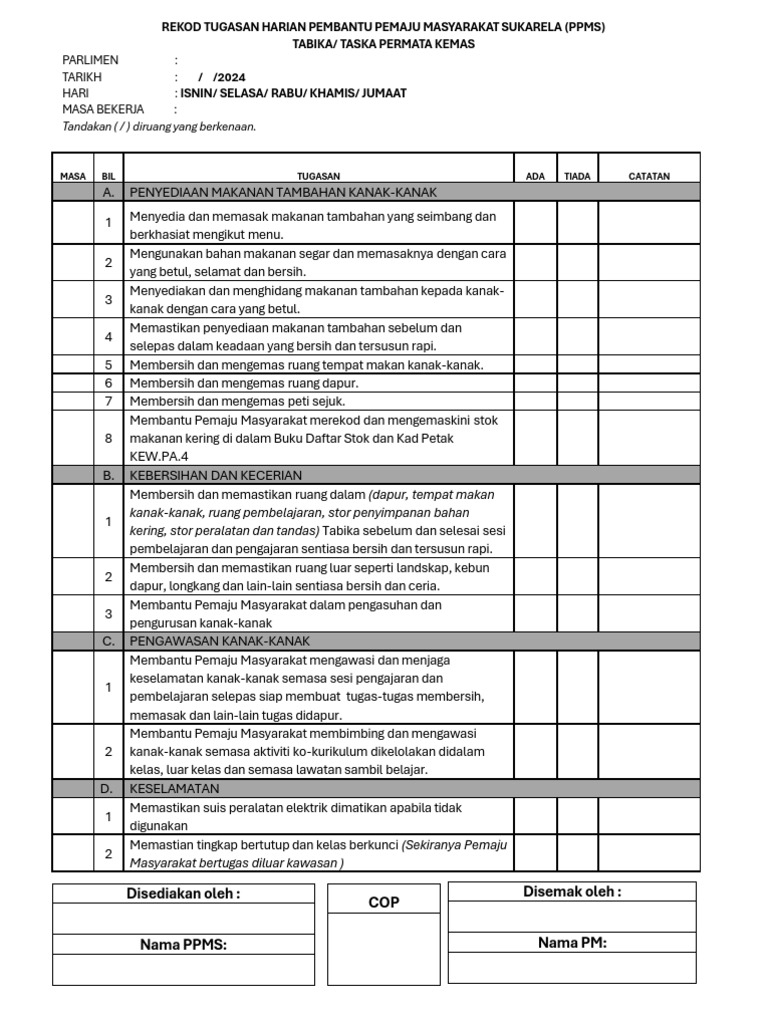 Tugas Harian Pembantu PPMS KEMAS | PDF