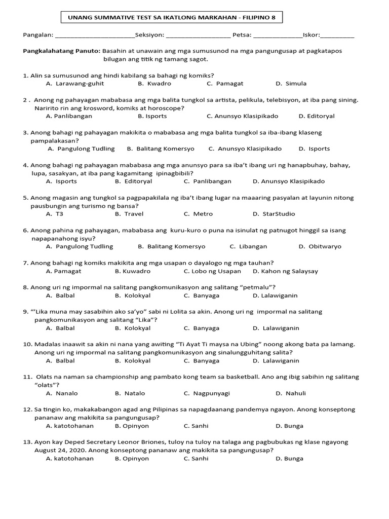 Unang Summative Test Sa Ikatlong Markahan Filipino 8 | PDF