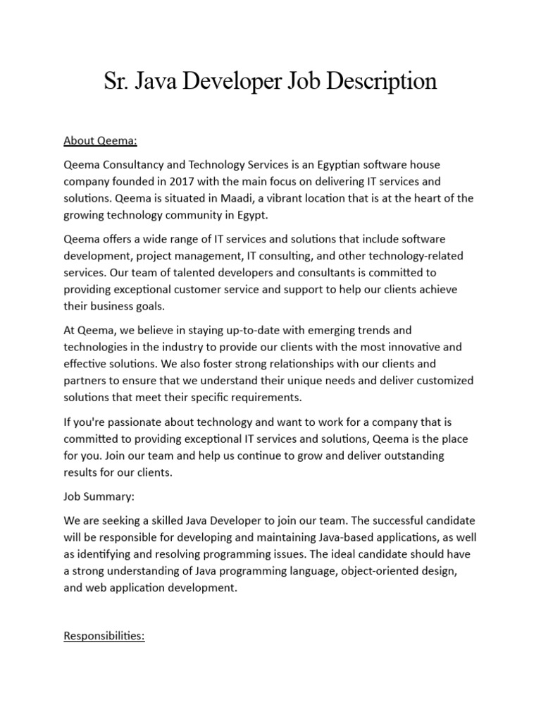 SR - Java Developer Job Description | PDF