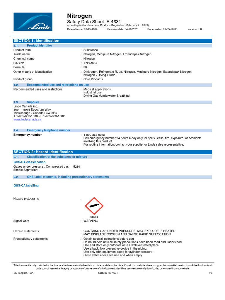 E 4631 Nitrogen Compressed Safety Data Sheet Sds PDF