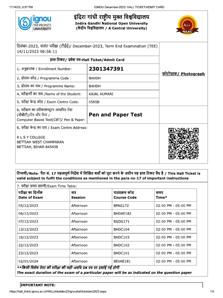 Ignou admit card pdf