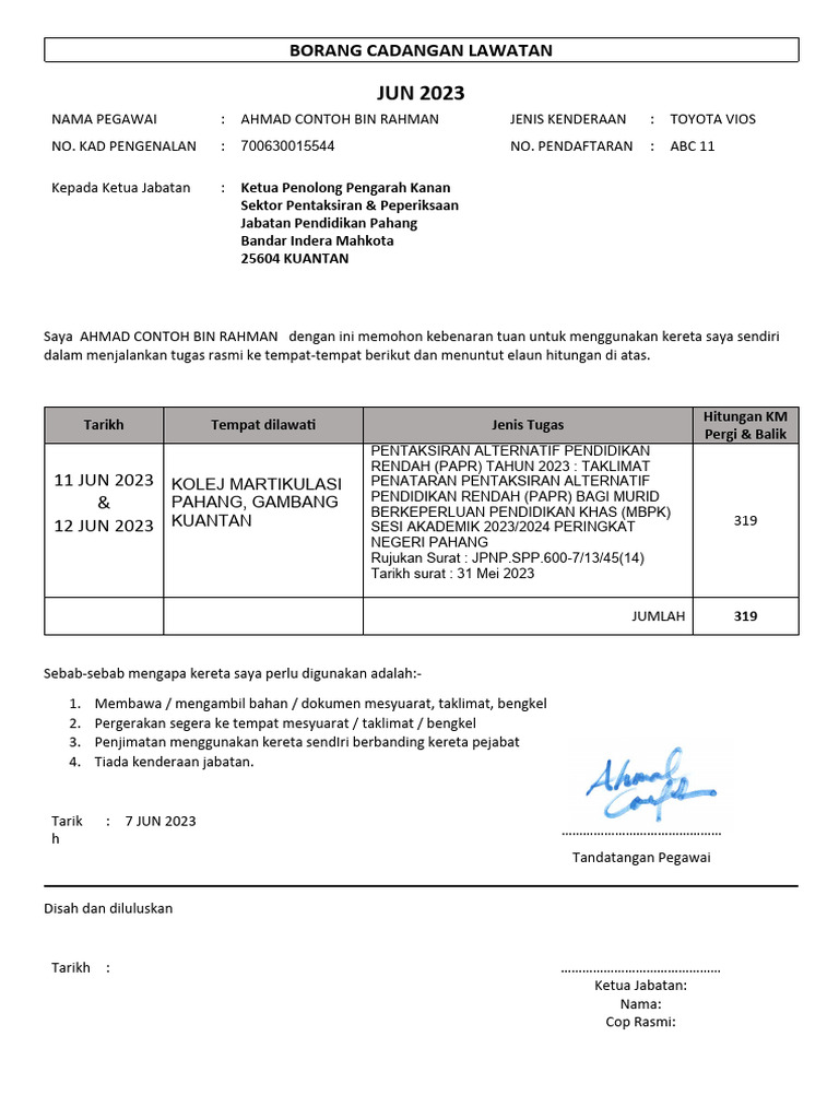 Borang Cadangan Lawatan Papr | PDF