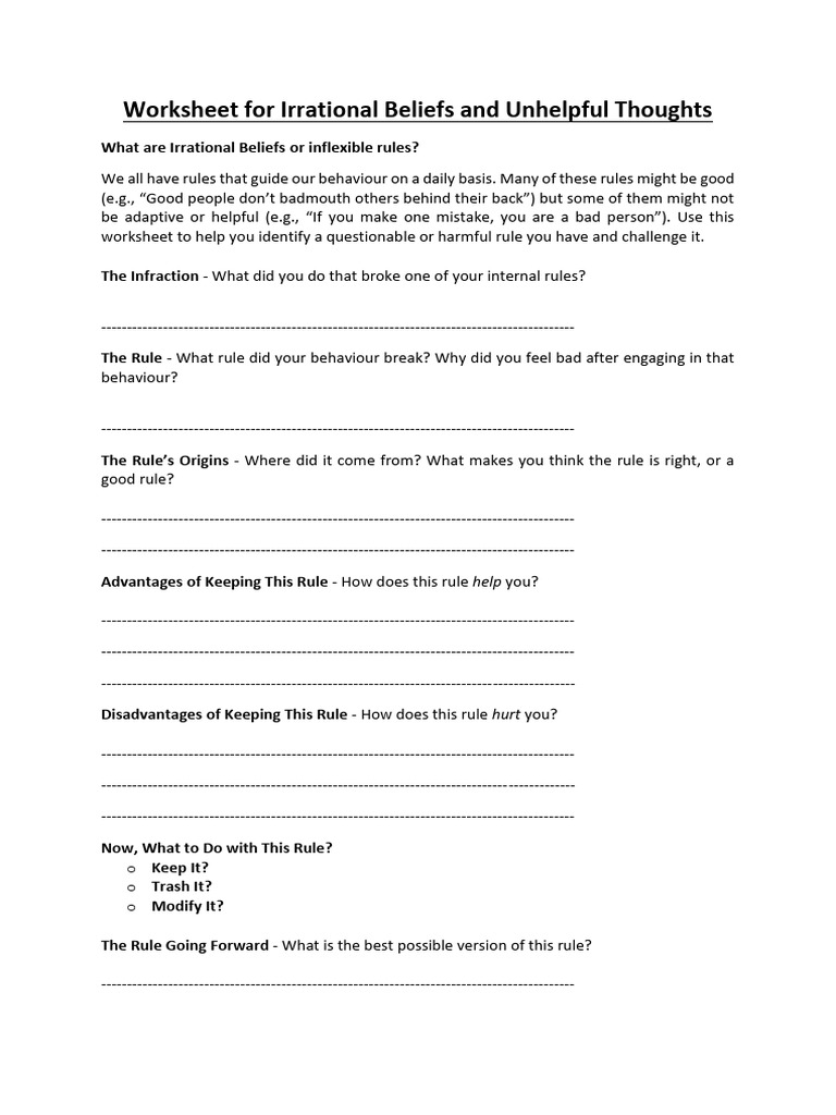 Irrational Beliefs Worksheet PDF Thought Rationality