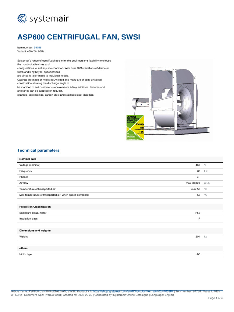 ASP600 SWSI Centrifugal Fan Specs | PDF | Alternating Current | Metrology
