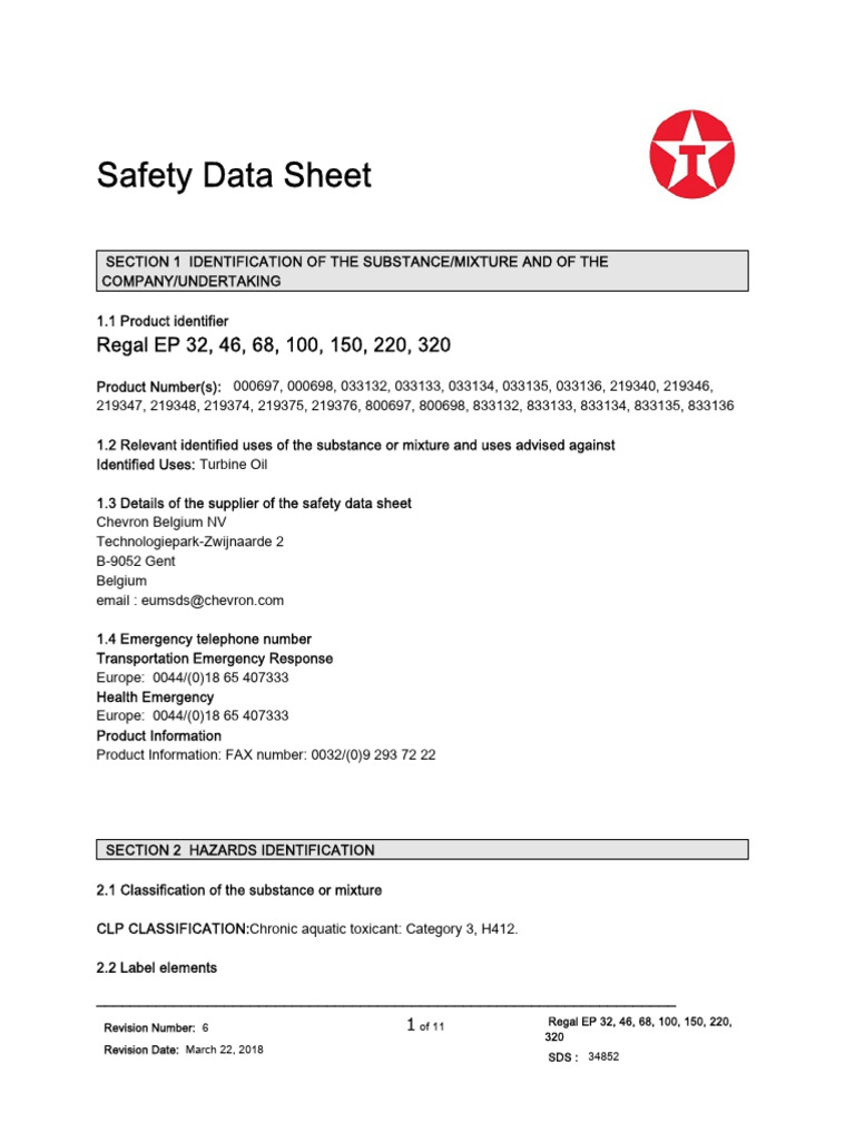 Sds regal ep 32 46 68 100 150 220 320 pdf toxicity dangerous goods