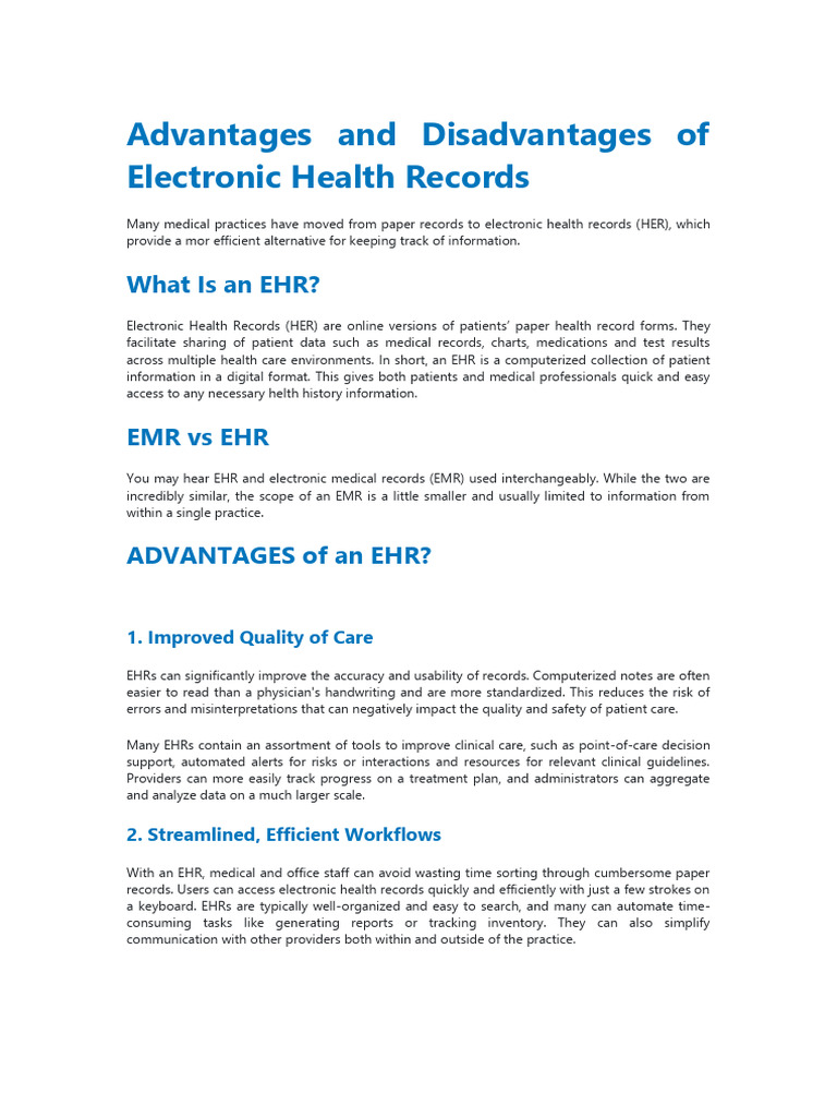 Advantages and Disadvantages of Electronic Health Records | PDF