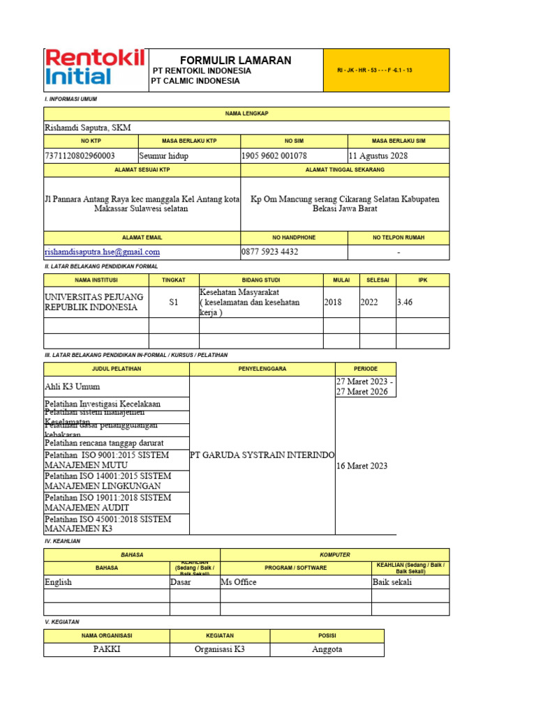 03 Form Aplikasi Rentokil Initial 2019 | PDF