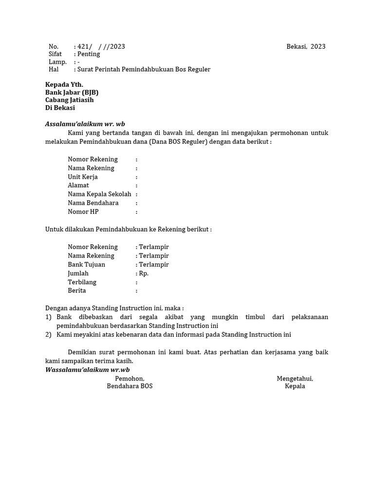 Contoh Format Surat Perintah Transfer | PDF