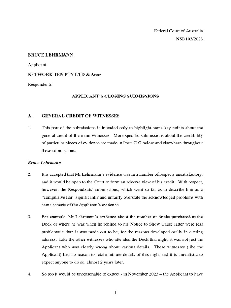 Bruce Lehrmann's Defamation Case - closing submissions | PDF | Common ...