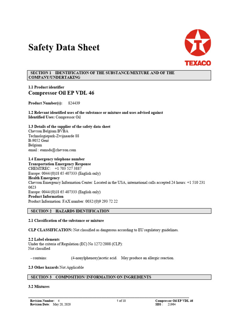 Sds Tx Compressor Oil Ep Vdl 46 Pdf Safety Occupational Safety