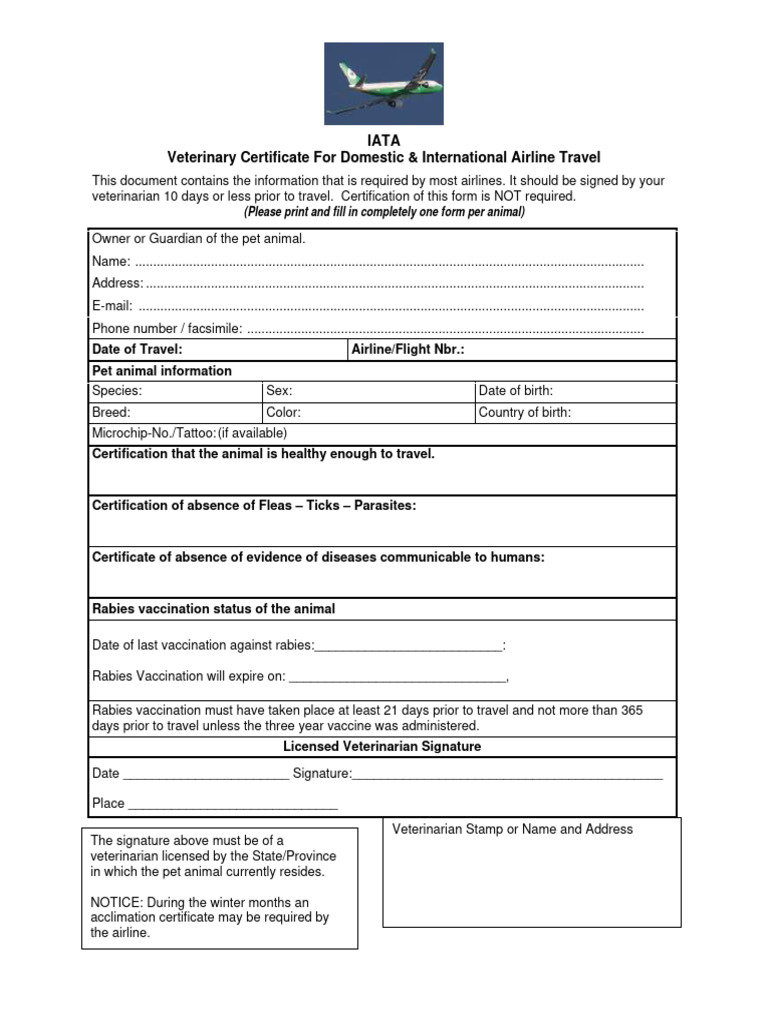 Veterinary Certificate Travel Form | PDF