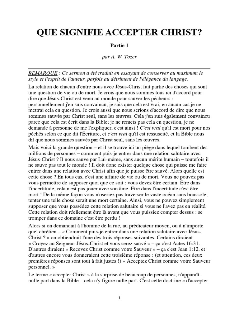 Que Signifie Accepter CHRIST 1ère Partie°a. W. TOZER°13 | PDF