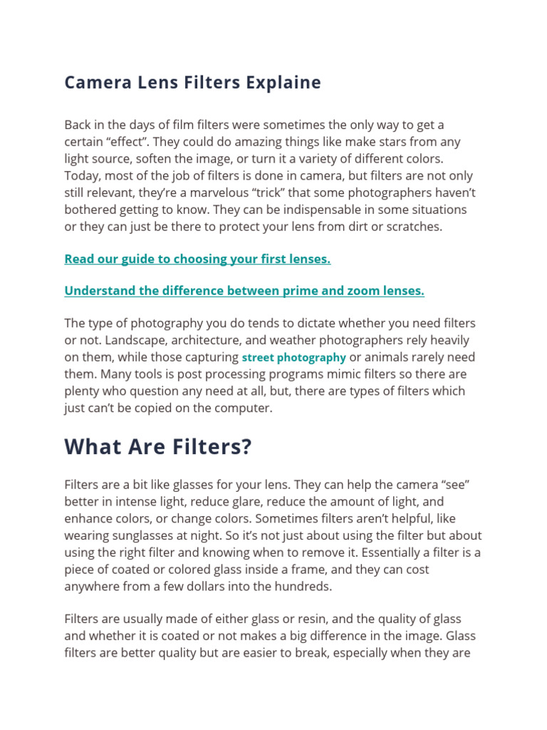 BVCLS NOTES Camera Lens Filters Explaine | PDF