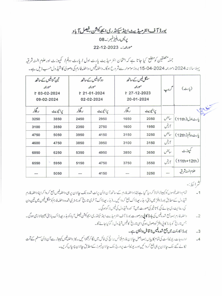 Admission Schedule For Intermediate 1ST Annual Examination, 2024 PDF