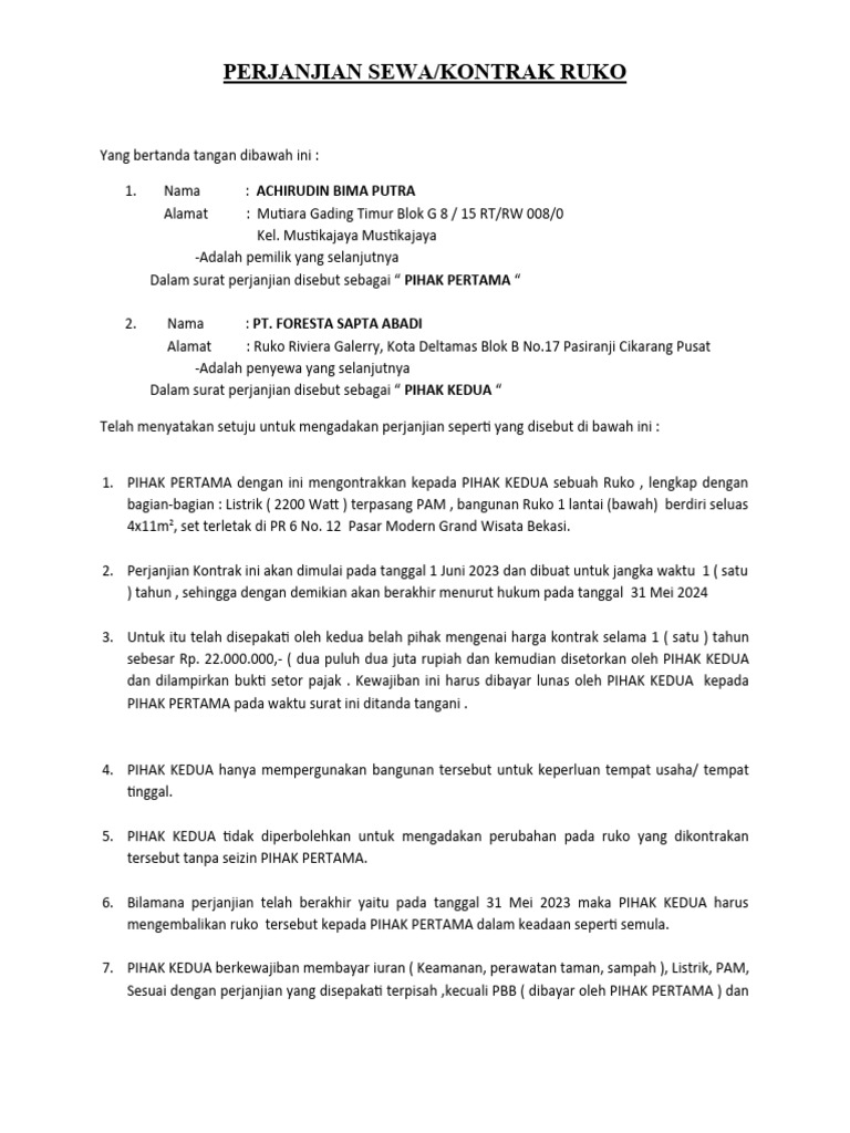 Perjanjian Sewa Ruko Foresta 2023 | PDF