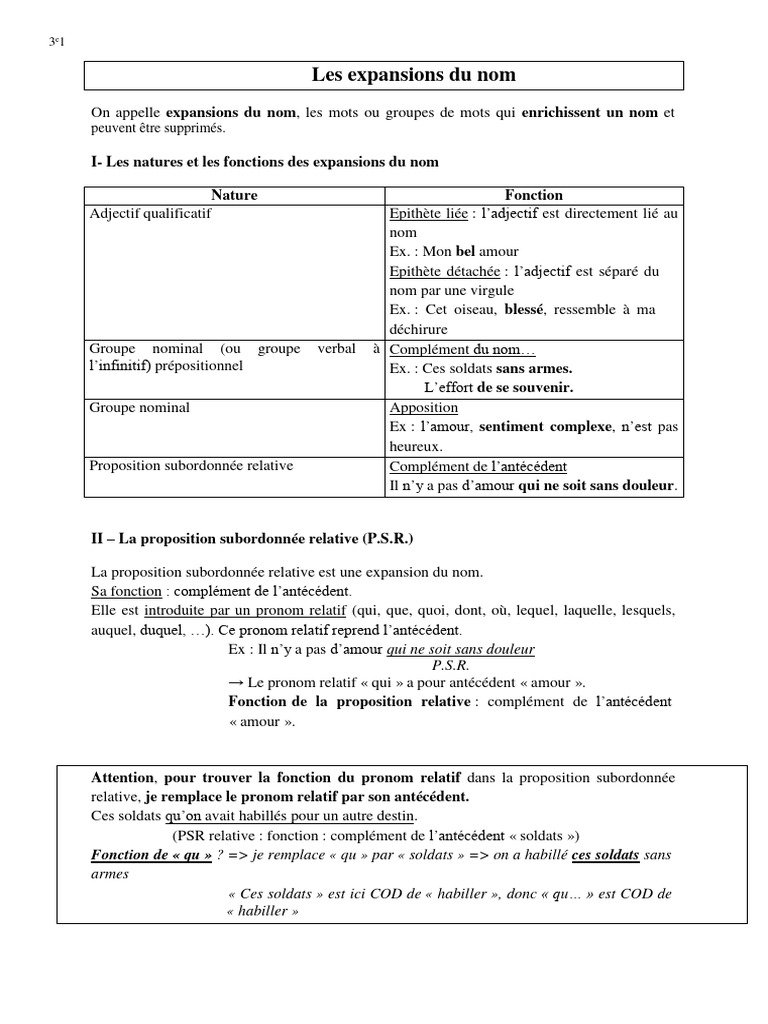 3e fiche les expansions du nom 3e pdf