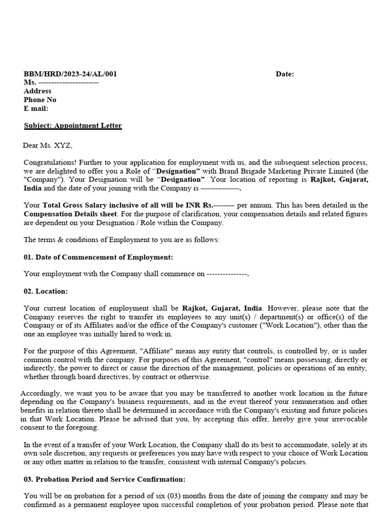 Appointment letter format pdf employment insurance