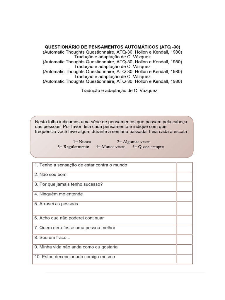 Questionário ATQ-30: Pensamentos Automáticos | PDF