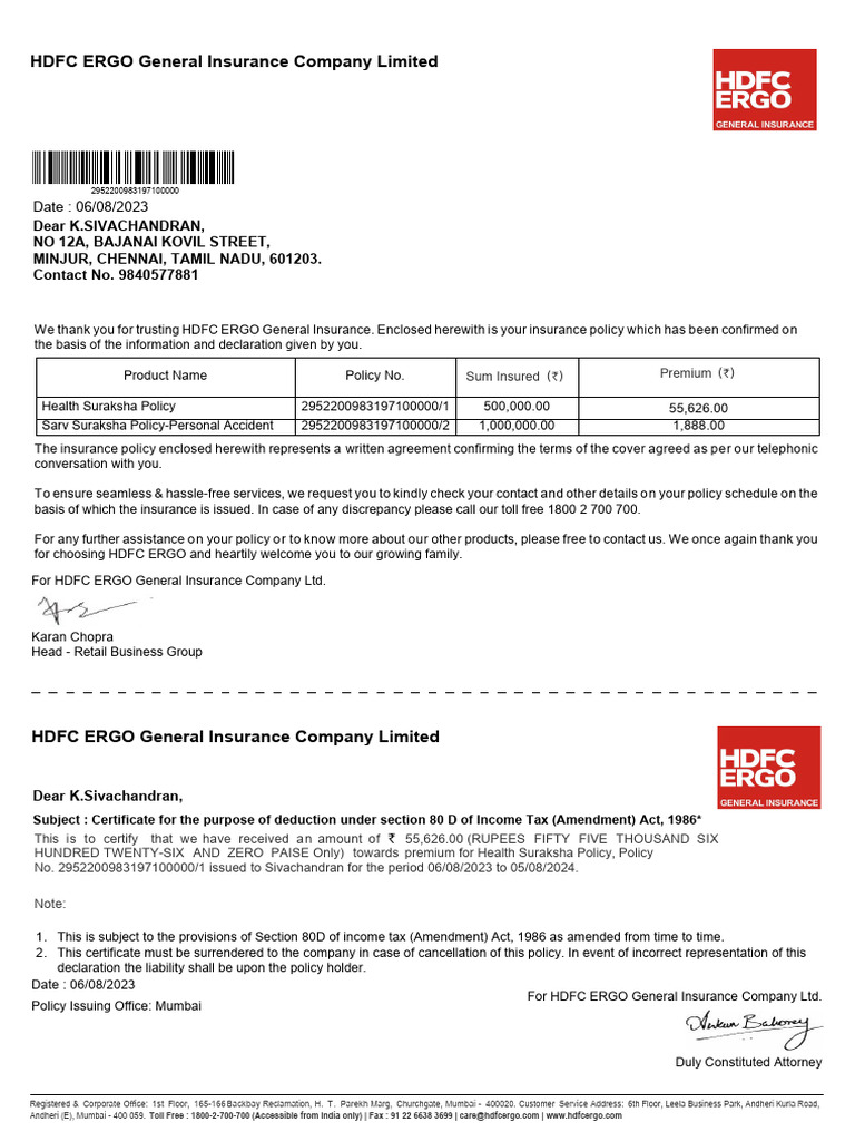 HDFC ERGO Health Insurance Policy Details | PDF | Insurance | Taxes