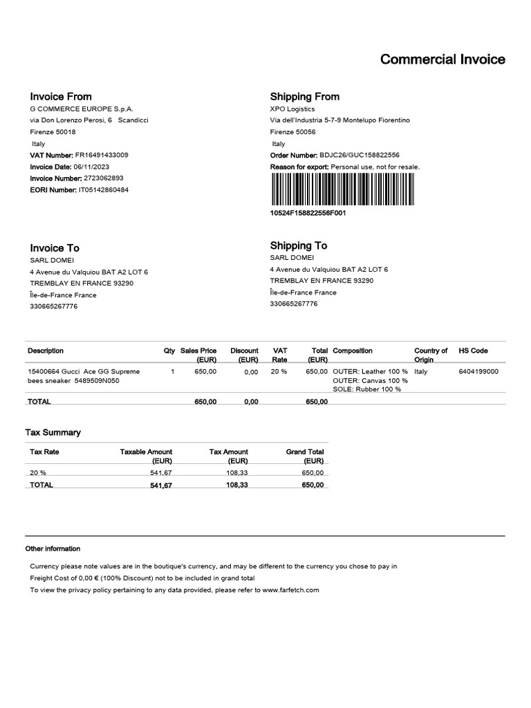 Commercial Invoice for Gucci Sneaker | PDF | Invoice | Government Finances