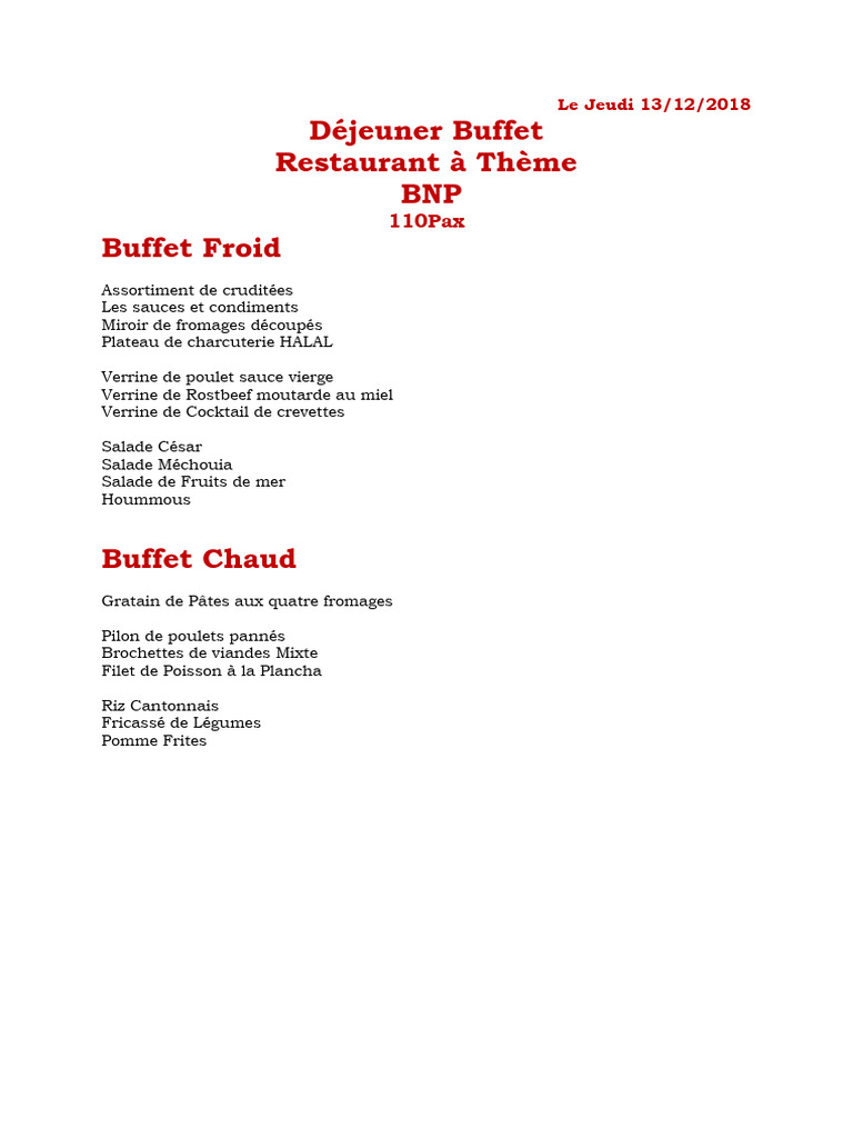 Menu Buffet Déjeuner 13/12/2018 | PDF