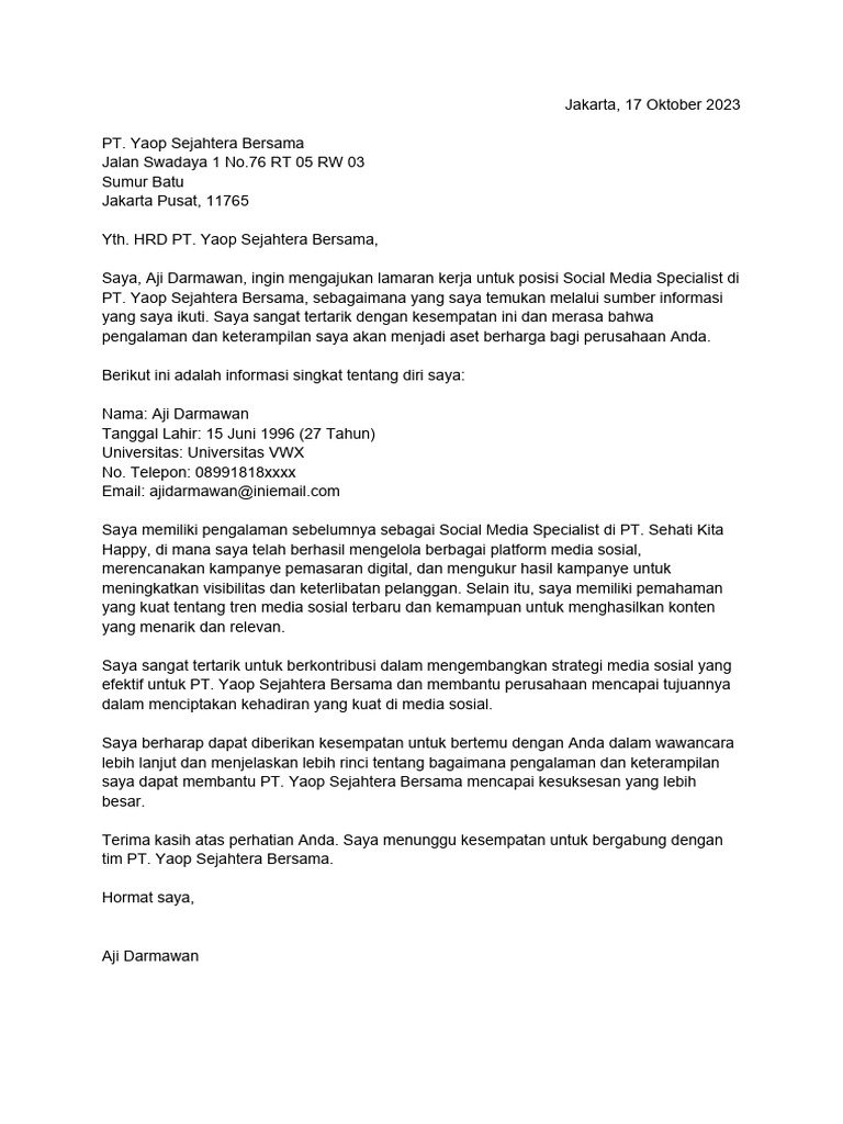 Surat Lamaran Kerja Social Media Specialist | PDF