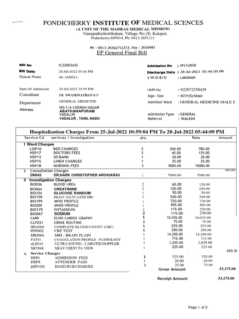 Pondicherry Medical Final Bill Summary | PDF