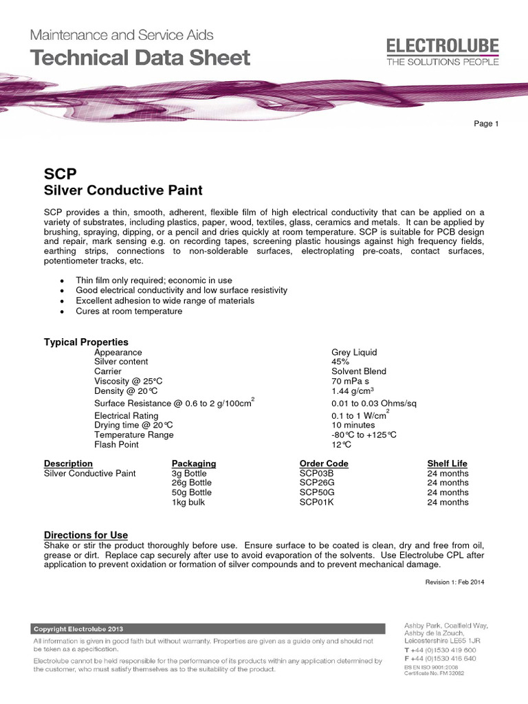 TDS ELECTROLUBE SCP Silver Conductive Paint Eng PDF