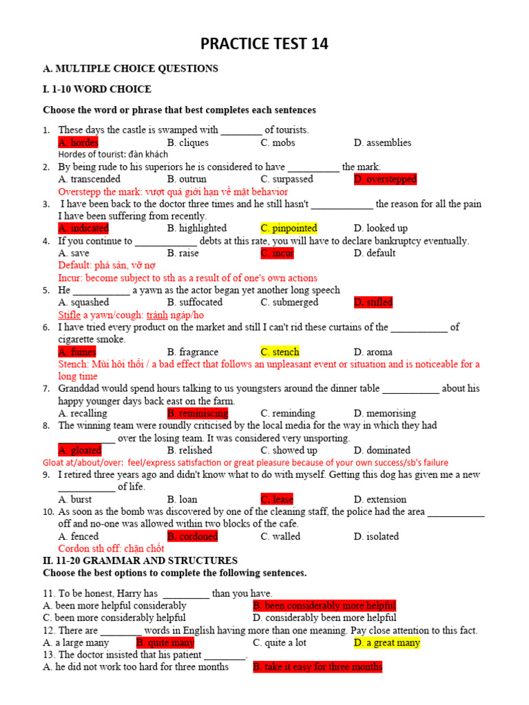 PRACTICE TEST 14 - Bài Làm | PDF